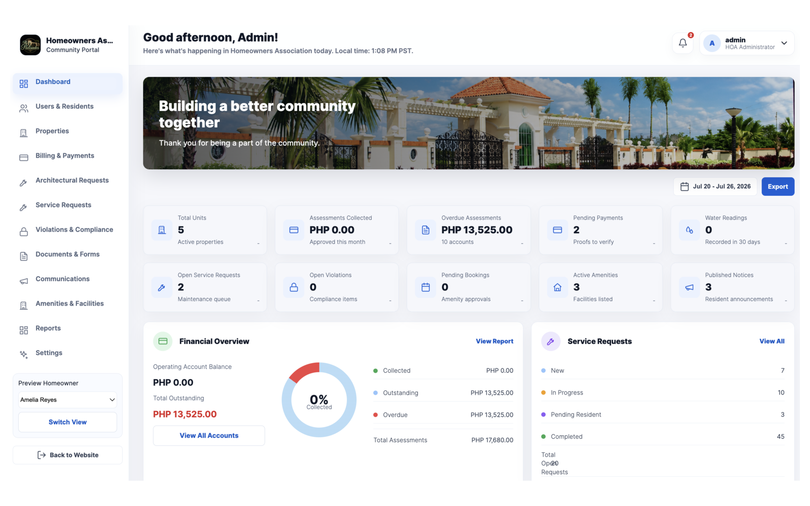 John Mark Causing HOA administrator dashboard showing properties, assessments, overdue payments, service requests, compliance, amenities, communications, and reports