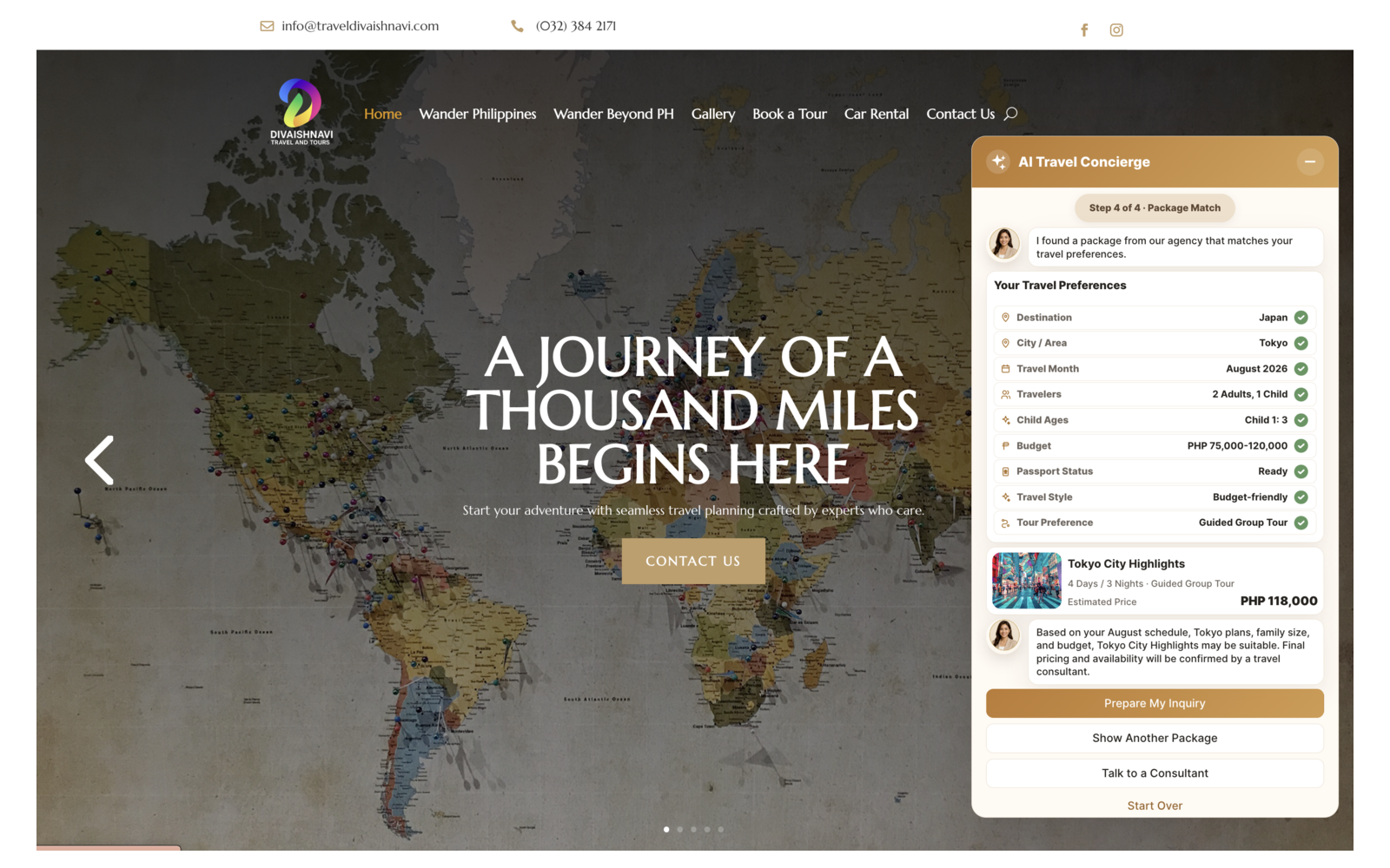 Travel Divaishnavi website showing the AI Travel Concierge matching a Tokyo package to visitor preferences